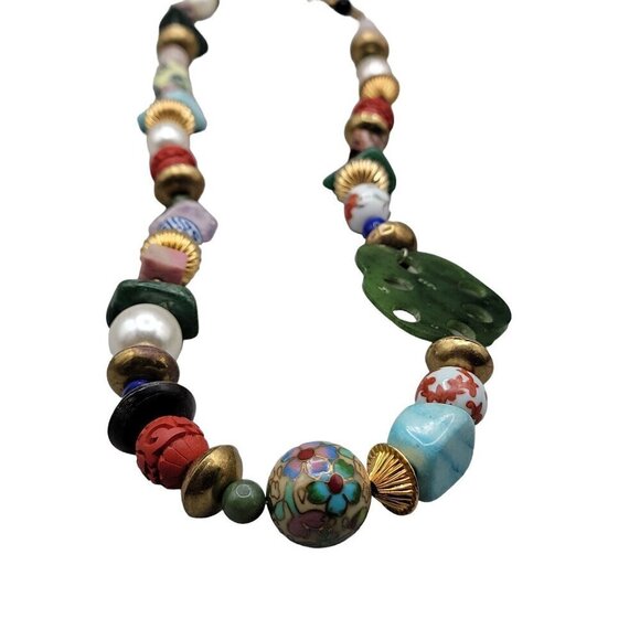 Art Statement Necklace Retro Beaded Multi Media Beads & Shaped Gemstone 25" - Picture 3 of 14